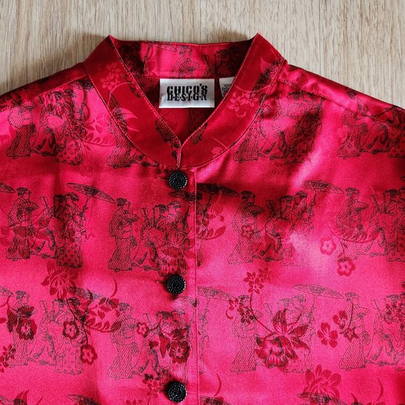 Vintage Chico's Design Silk Satin Japanese Art Mandarin Neck Blouse Button Red - Picture 8 of 11